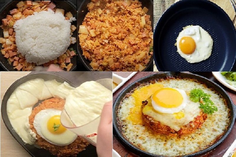 Nguyên liệu cho món cơm chiên trứng kim chi Hàn Quốc.