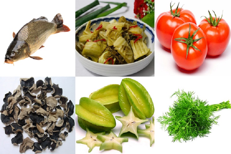 Những nguyên liệu cần thiết cho món cá chép om dưa cải chua.