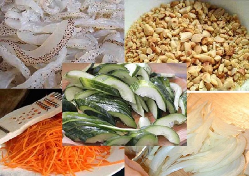 Sơ chế các nguyên liệu làm gỏi sứa bao gồm: cà rốt, hành tây, dưa chuột,…