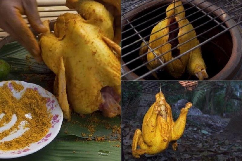 Thoa bột nghệ lên mình và nướng lu 10 phút để gà thấm màu vàng ươm.