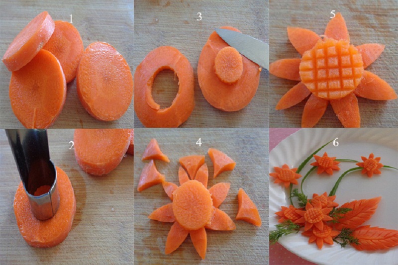 Các bước thực hiện tỉa hoa hướng dương từ cà rốt