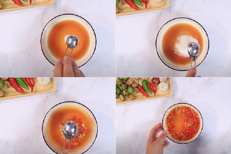 Công đoạn pha nước mắm tỏi ớt chua ngọt