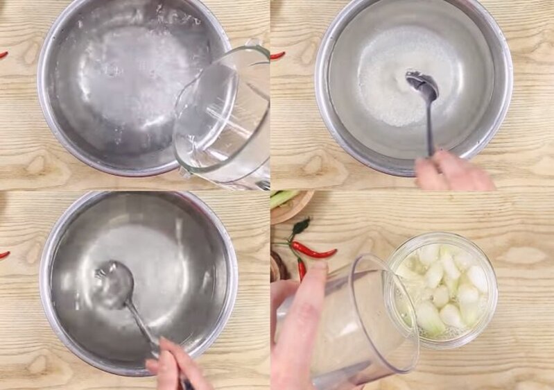 đổ nước vo gạo và nước muối đường ấm vào ngâm dưa hành
